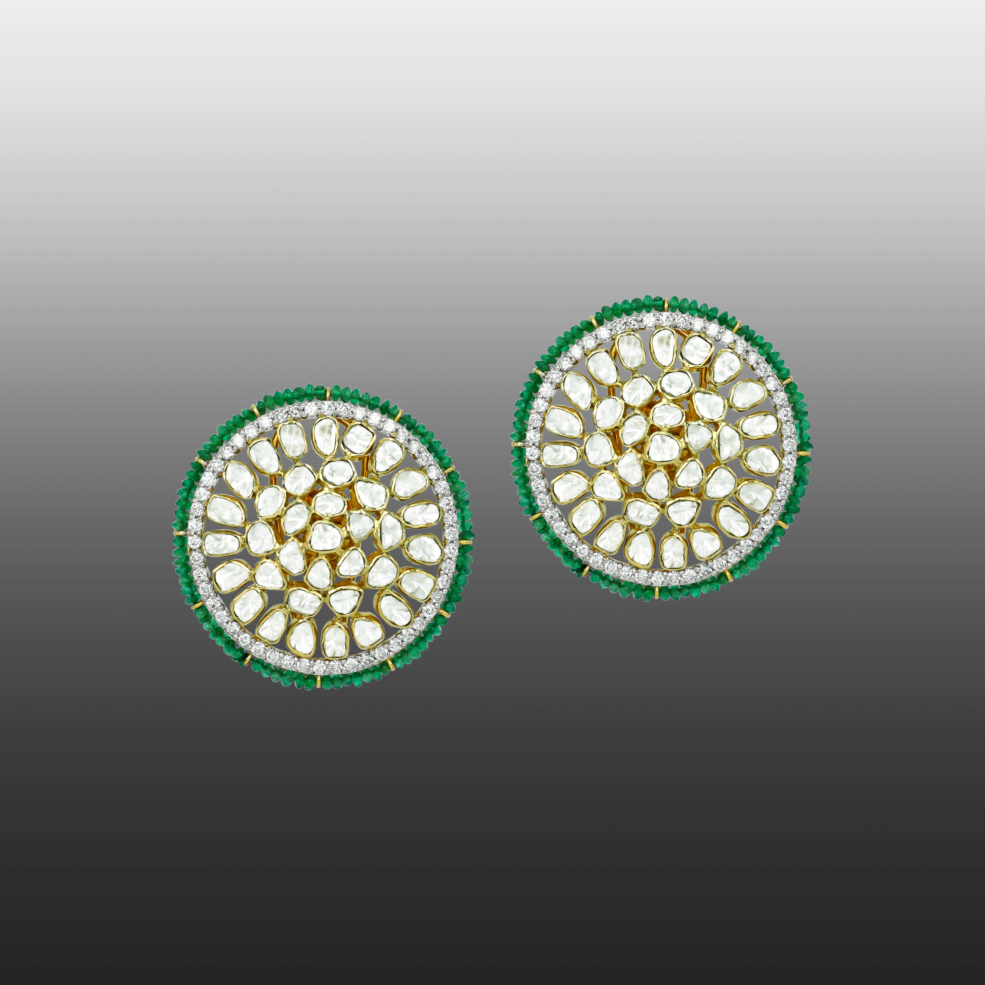 Radial Polki Studs with Diamond Halo and Emerald Bead Edge